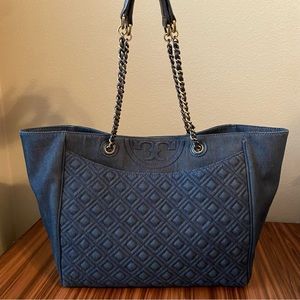 Tory Burch Bryant Quilted Purse Chain Straps Navy Blue Denim Tote Bag Large